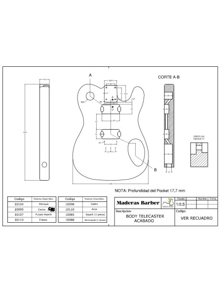 Cuerpo telecaster samanguila 2 piezas
