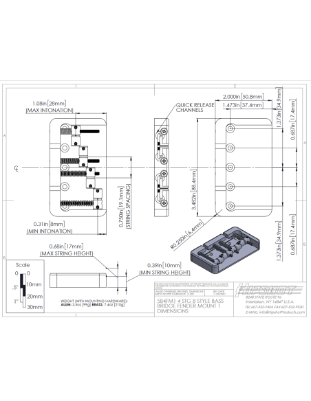 4 Stg. Bass Fender Style Mount 5 Hole Alum. Satin Bridge | Maderas Barber