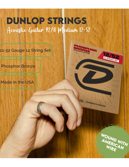 Jeu de Cordes Dunlop Phosphor Bronze 92/8 Medium 12-52 acoustique 12 cordes
