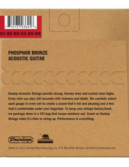 Jeu de Cordes Dunlop Phosphor Bronze 92/8 Medium 12-52 acoustique 12 cordes