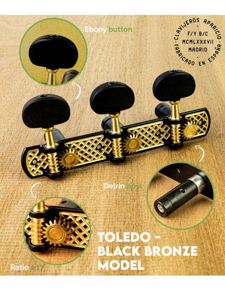 Aparicio Classical Guitar Machine Head Toledo Model Black-Bronze/Ebony | Maderas Barber