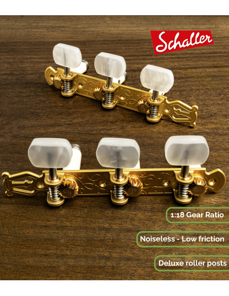 Meccanica Schaller GrandTune Classic Lyra Oro Satinado con Palometa Blanca y Poste Blanco Deluxe | Maderas Barber