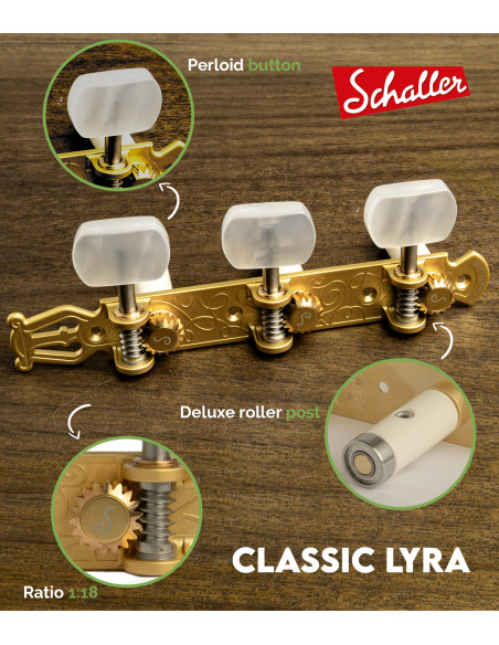 Clavijero Schaller GrandTune Classic Lyra Oro Satinado con Palometa Blanca y Poste Blanco Deluxe | Maderas Barber
