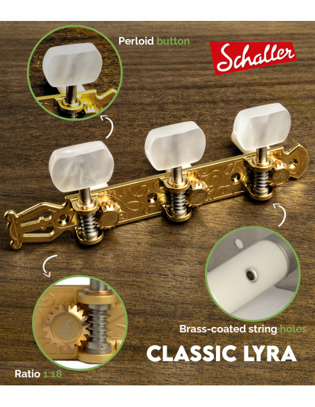 Mécanique Schaller GrandTune Classic Lyra Satin Or avec Bouton Blanc et Tige Blanc | Maderas Barber