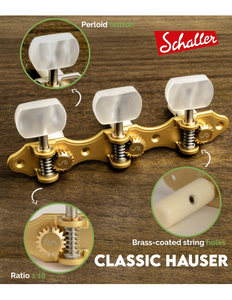 Meccanica Schaller GrandTune Classic Hauser Oro Satinado con Palometa Blanca y Poste Blanco | Maderas Barber
