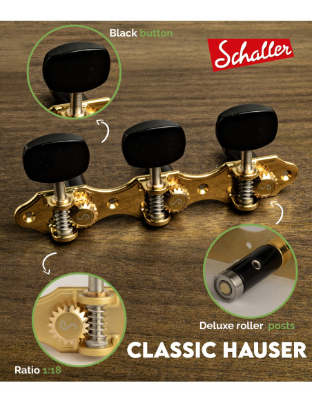 Mécanique Schaller GrandTune Classic Hauser Or avec Bouton Noir et Tige Noir Deluxe | Maderas Barber