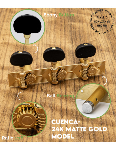 Aparicio Classical Guitar Machine Head Cuenca Model  24K Matte Gold/Ebony | Maderas Barber
