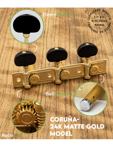 Meccanica Aparicio chitarra classica Modelo Coruña Oro Mate 24K/Ébano | Maderas Barber