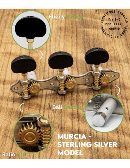 Aparicio Classical Guitar Machine Head Murcia Model Sterling Silver/Ebony | Maderas Barber