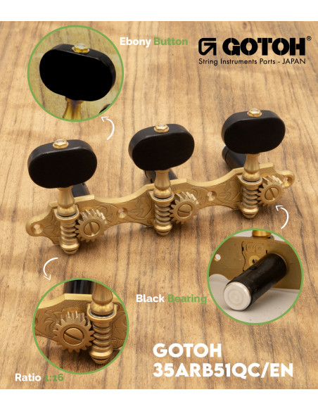 Gotoh Machine Head Classical Guitar Matte Gold with Ebony Knobs and Black Post 35ARB51QC/EN | Maderas Barber