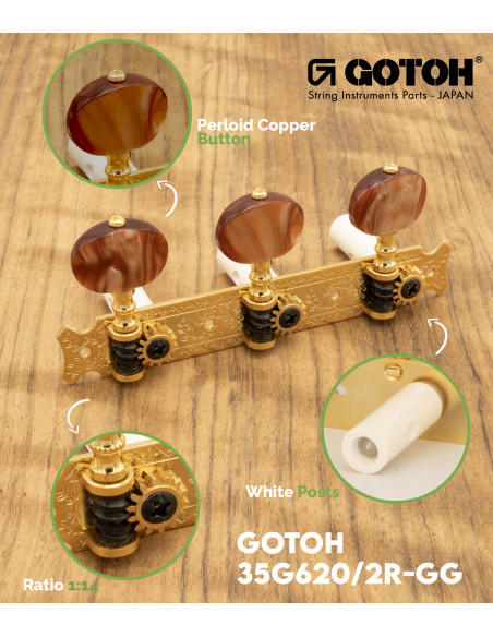 Clavijero Gotoh Guitarra Clásica Oro con Palometa Color Cobre y Poste Blanco 35G620/2R-GG | Maderas Barber