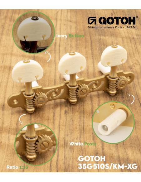 Mechanik Gotoh Konzertgitarre Oro Mate con Palometa Color Marfil y Poste Blanco 35G510S/KM-XG | Maderas Barber