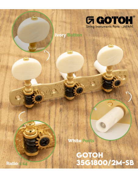 Gotoh Machine Head Classical Guitar Brass with Ivory Coloured Knobs and White Post 35G1800/2M-SB | Maderas Barber