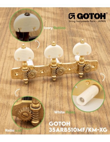 Gotoh Mécanique Guitare Classique Or avec Boutons Couleur Ivoire et Tige Blanche 35G510P/KM | Maderas Barber