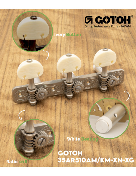 Clavijero Gotoh Guitarra Clásica Níquel con Palometa Color Marfil y Poste Aluminio 35AR510AM/KM-XN-XG | Maderas Barber