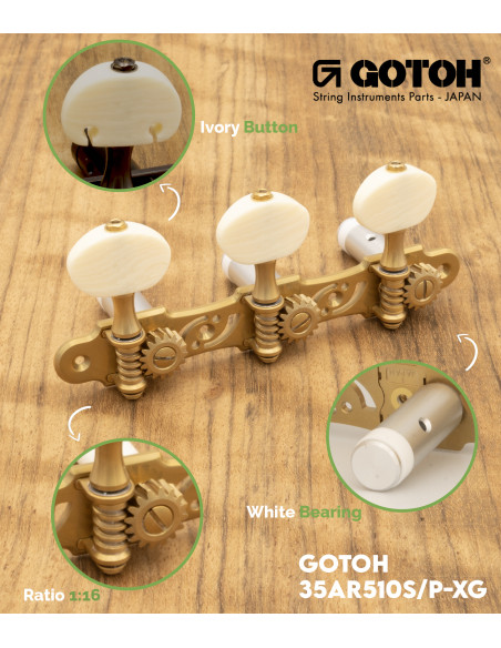 Meccanica Gotoh chitarra classica Oro con Palometa Color Marfil y Poste Aluminio 35AR510S/P-XG | Maderas Barber