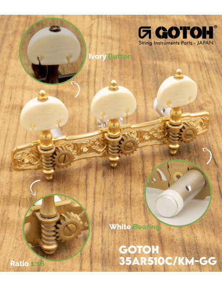 Meccanica Gotoh chitarra classica Oro con Palometa Color Marfil y Poste Aluminio 35AR510C/KM-GG | Maderas Barber