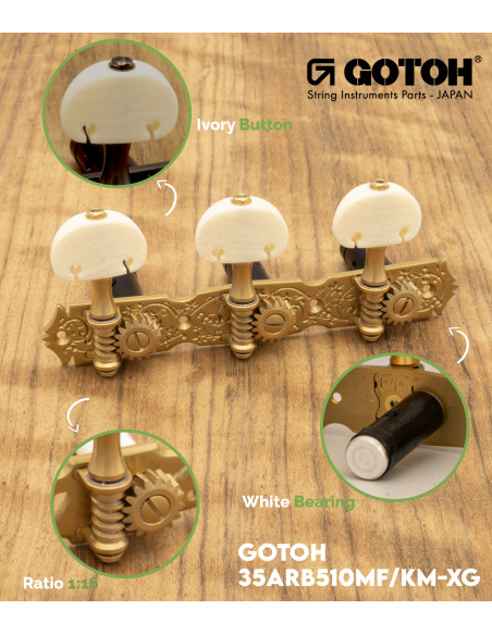 Mechanik Gotoh Konzertgitarre Oro Mate con Palometa Color Marfil y Poste Aluminio Negro 35ARB510MF/KM-XG | Maderas Barber