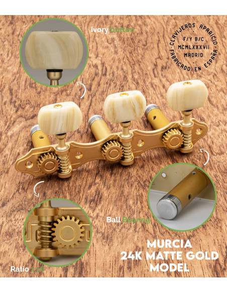 Aparicio Classical Guitar Machine Head Murcia Model  24K Matte Gold/Ivory | Maderas Barber