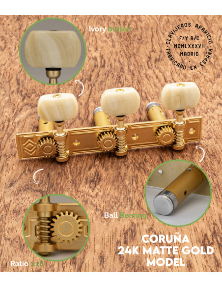 Mechanik Aparicio Konzertgitarre Modelo Coruña Oro Mate 24K/Marfil | Maderas Barber