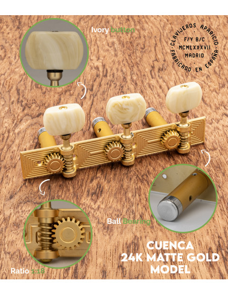 Aparicio Classical Guitar Machine Head Cuenca Model  24K Matte Gold/Ivory | Maderas Barber