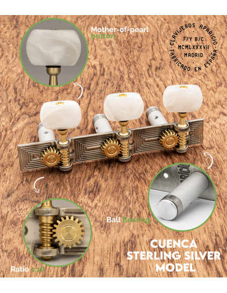 Aparicio Classical Guitar Machine Head Cuenca Model Sterling Silver/Mother of Pearl | Maderas Barber