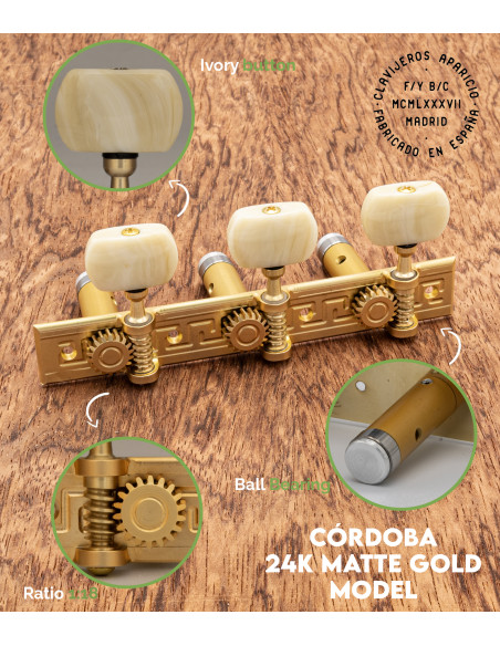 Aparicio Classical Guitar Machine Head Córdoba Model  24K Matte Gold/Ivory | Maderas Barber