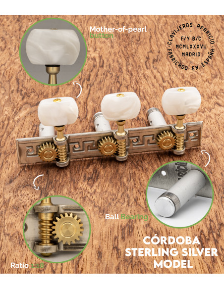 Aparicio Classical Guitar Machine Head Córdoba Model Sterling Silver/Perloid | Maderas Barber