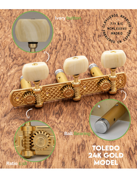 Aparicio Classical Guitar Machine Head Toledo Model  24K Gold/Ivory | Maderas Barber