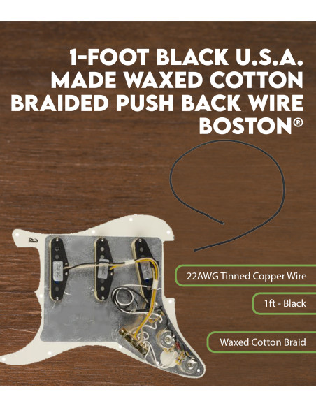 1-foot, black U.S.A. made waxed cotton braided push back wire Boston®
