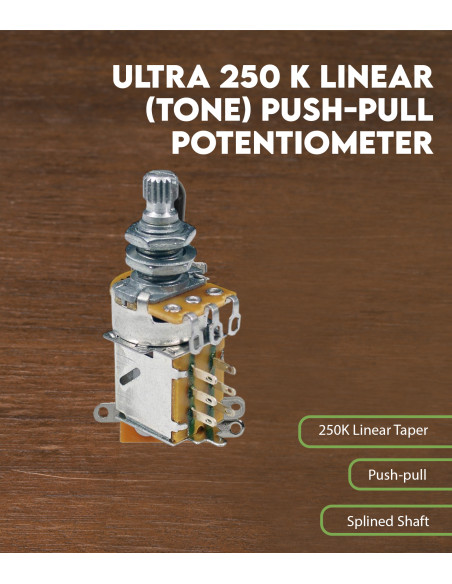 Características Potenciómetro push-pull ultra 250 K lineal (tono)
