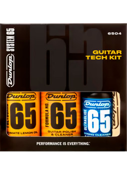Packaging del kit de mantenimiento para guitarra Dunlop 6503 System 65 con limpiador de cuerpo, aceite de limón y Ultraglide 65