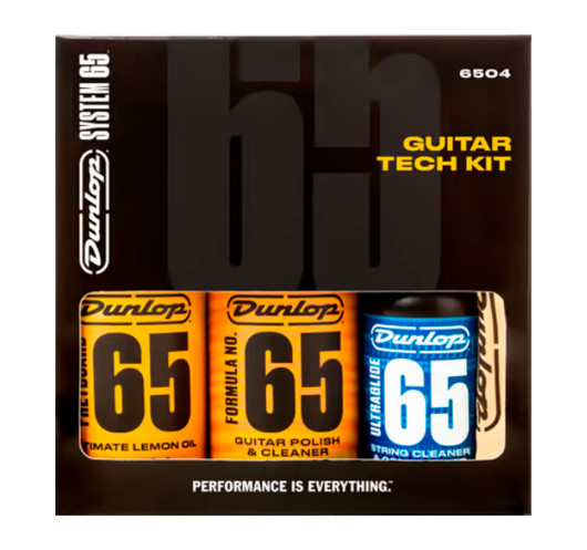 Packaging of Dunlop 6503 System 65 guitar maintenance kit with body cleaner, lemon oil and Ultraglide 65