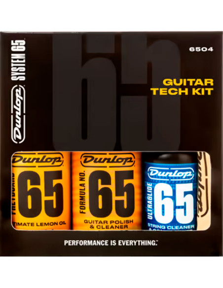 Packaging du kit entretien guitare Dunlop 6503 System 65 avec nettoyant corps, huile citron et Ultraglide 65