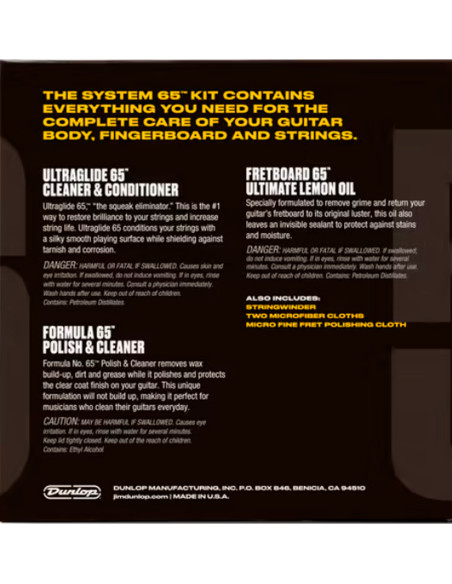 Back of the packaging of Dunlop 6503 System 65 guitar maintenance kit with product information