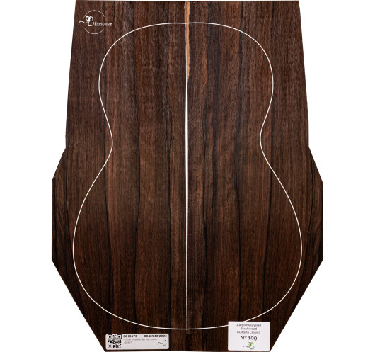 Juego Malaysian Blackwood guitarra clásica MB Exclusive Nº109, vista cenital — Maderas Barber
