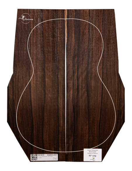 Juego Malaysian Blackwood guitarra clásica MB Exclusive Nº109, vista cenital — Maderas Barber