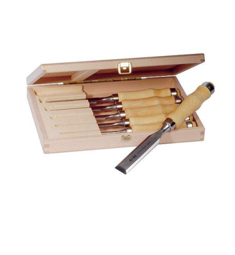 6 Pfeil Chisel Set of 6, 10, 12, 16, 20 and 26mm in a wood showcase |