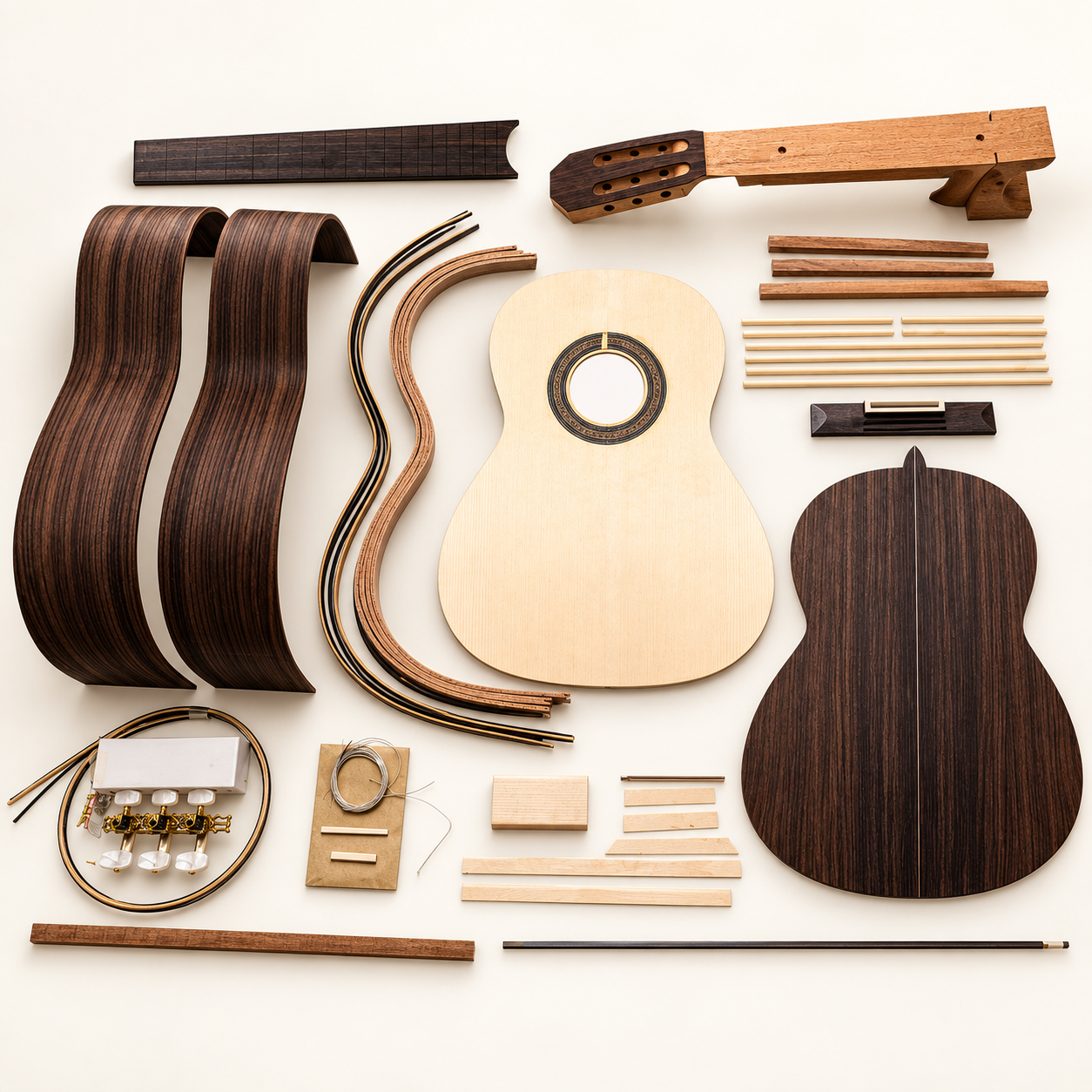 Kit de guitarra: tapa, fondo, aros, mango y diapasón - Maderas Barber