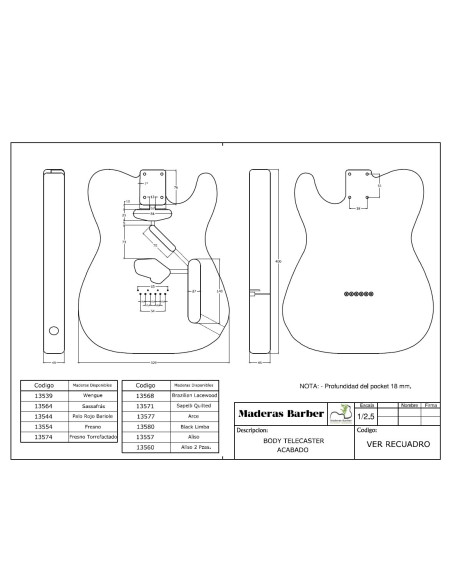 Cuerpo tipo Telecaster en Fresno torrefactado, plano técnico del cuerpo — Maderas Barber