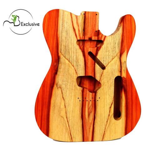 Cuerpo tipo Telecaster en Palo Rojo Bariolé, vista frontal — Maderas Barber