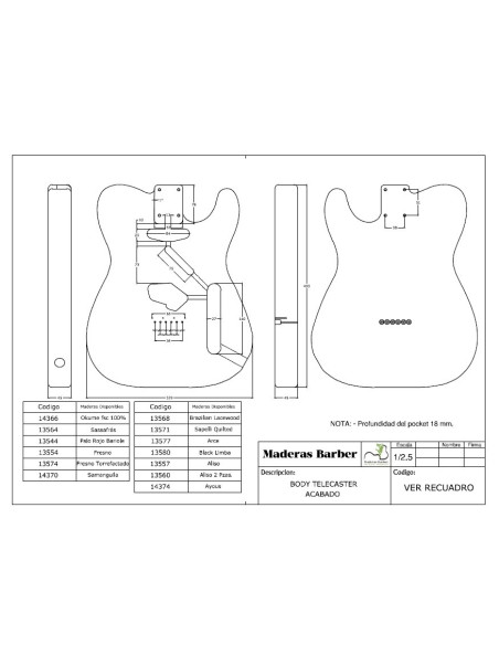 Cuerpo tipo Telecaster en Sapele, plano técnico del cuerpo — Maderas Barber