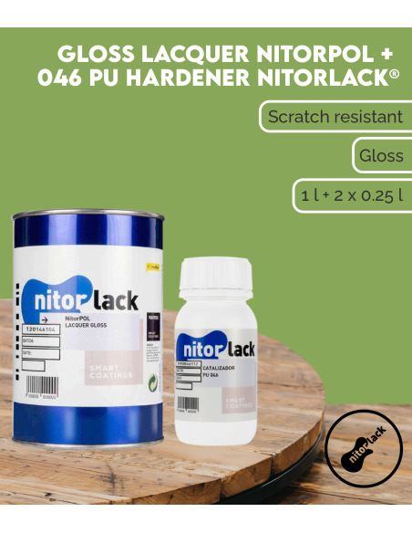 Características Laca Brillo NITORPOL (1l) +  Endurecedor PU 046 NITORLACK® (2x0,25l)