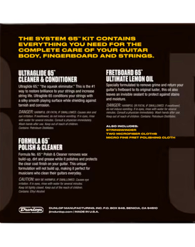 Packaging del kit de mantenimiento para guitarra Dunlop 6503 System 65 con limpiador de cuerpo, aceite de limón y Ultraglide 65 2