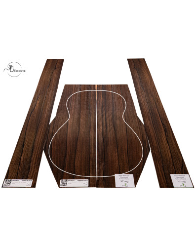 Malaysian Blackwood classical guitar set MB Exclusive No.109, top view — Maderas Barber 2