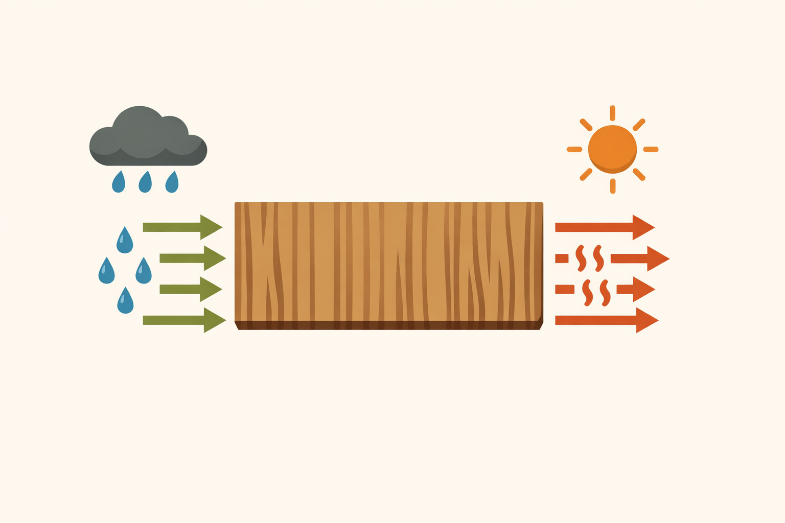 Wood absorbs and releases moisture depending on the environment