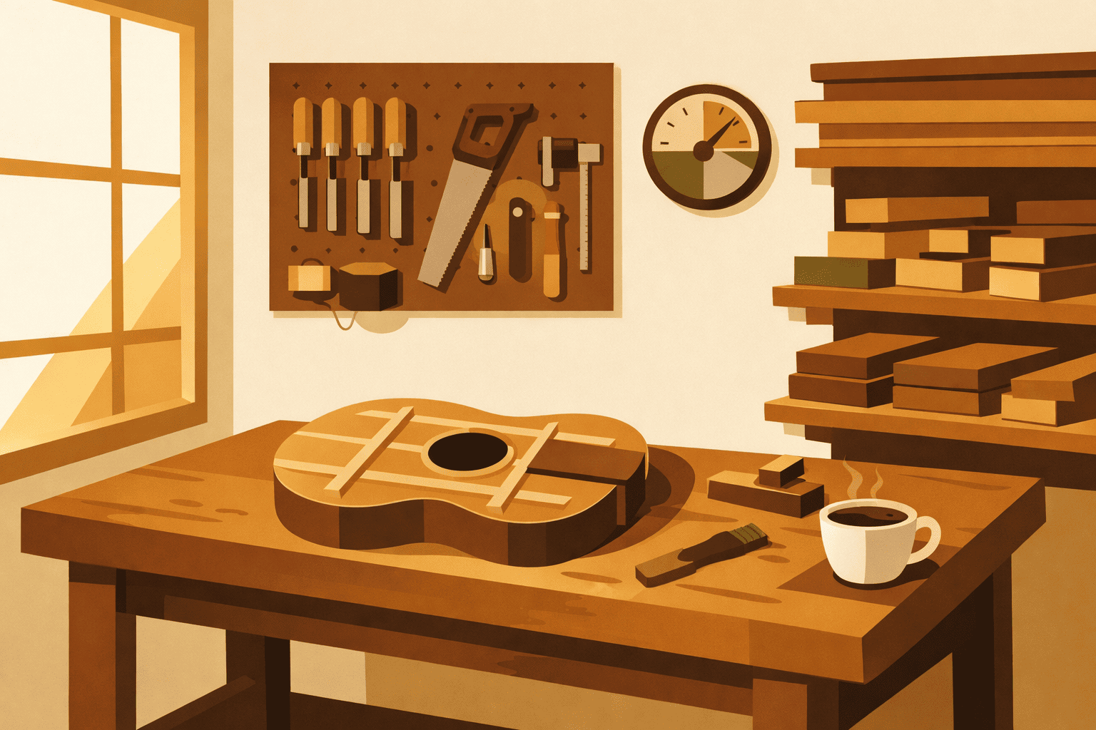 Luthier workshop with guitar under construction