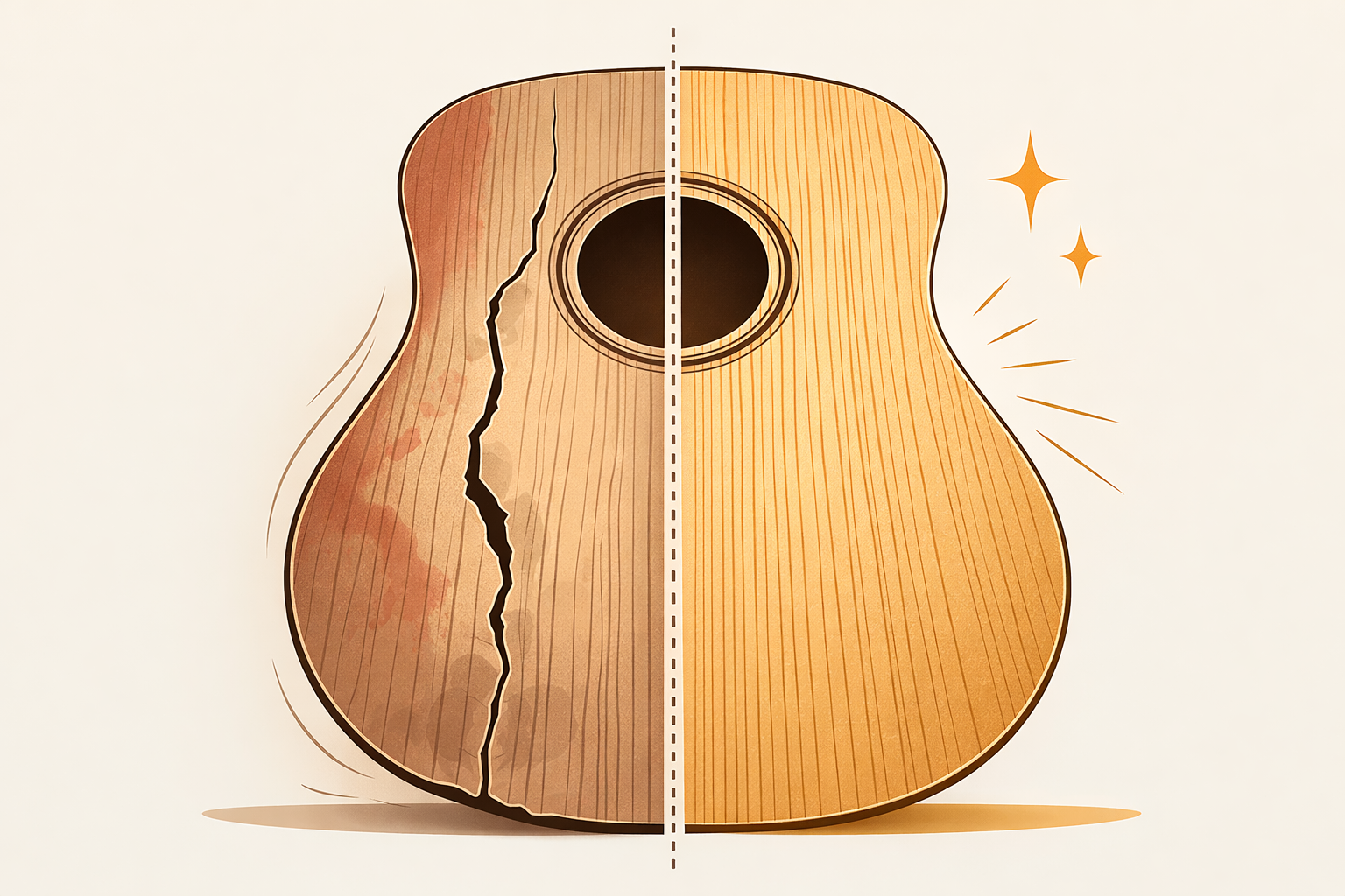 Damaged guitar soundboard vs perfect soundboard