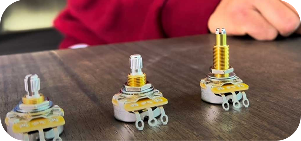 Potentiometers for electric guitars and basses: types, sizes and shaft.
